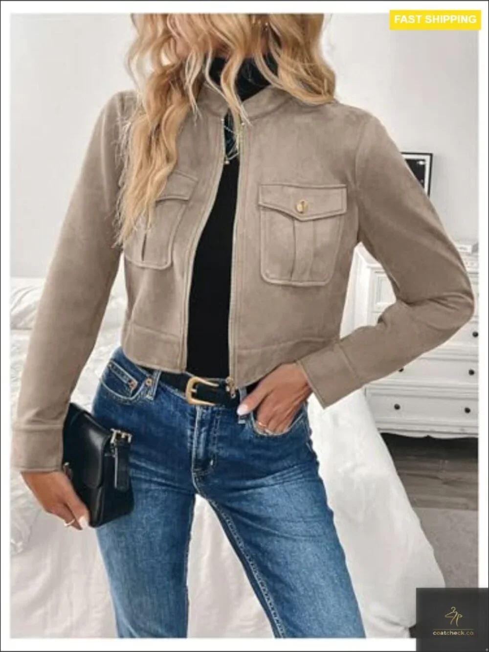 Faux Suede Cropped Cargo Jacket Zip Up Long Sleeve Casual Outerwear Y2K